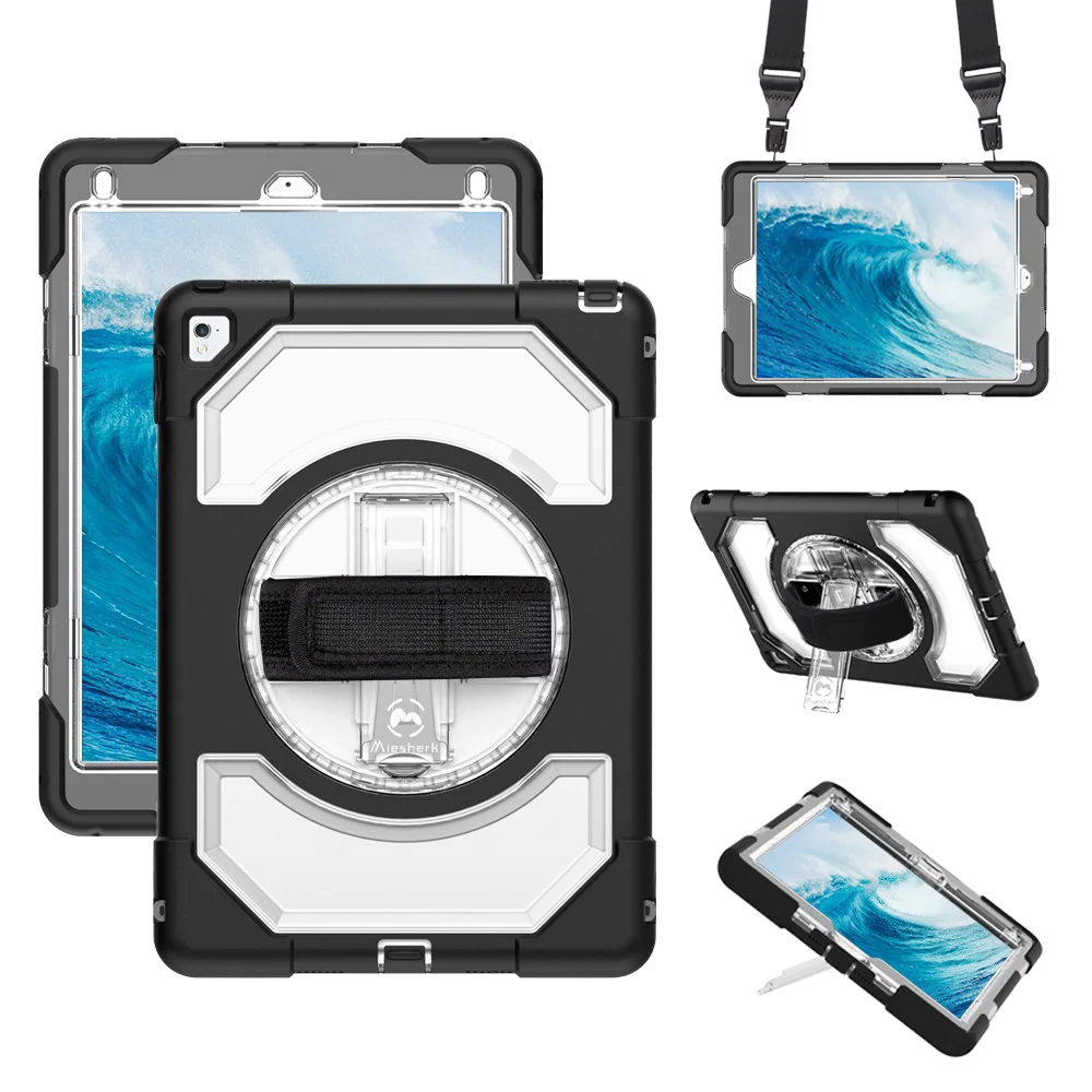 

For iPad Air 2 Pro 9.7 Case with 360 Rotation Adjustable Handle Shoulder Strap Miesherk Soft Silicone+Hard PC Back Cover FHL02