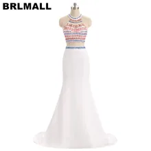 BRLMALL Trendy 2017 White Two Pieces Prom Dress Backless Beaded Shiny Crystal Mermaid Evening Dresses Floor Length Party Gown