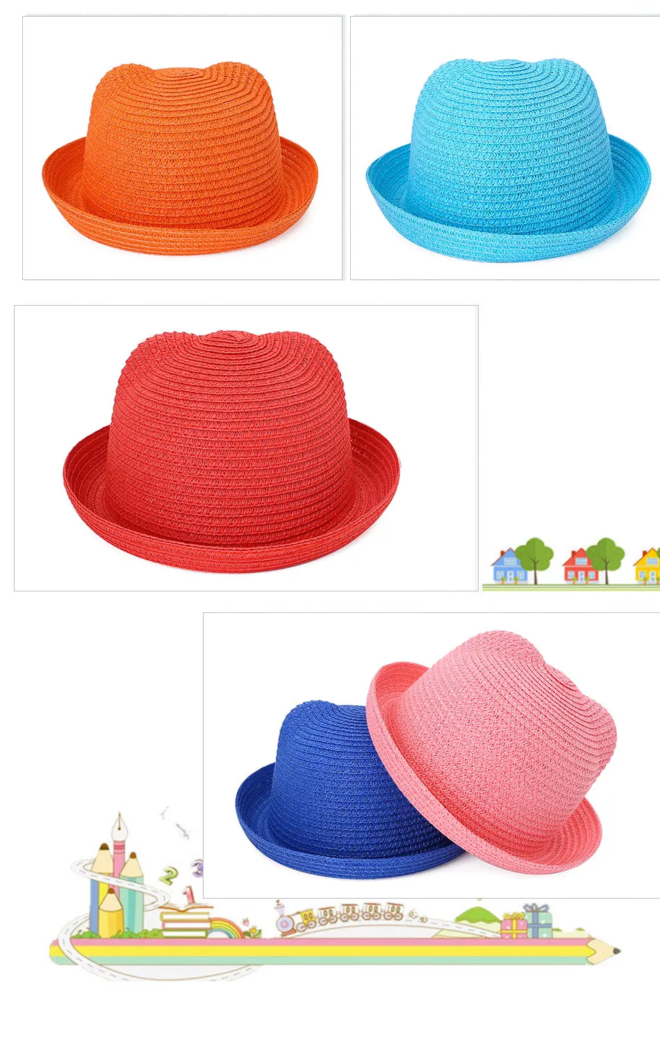 Модные Соломенные Детские шапки с ушками, Панама для девочек, Кепка для мальчика, Детская летняя кепка, Детская однотонная пляжная Панама, s