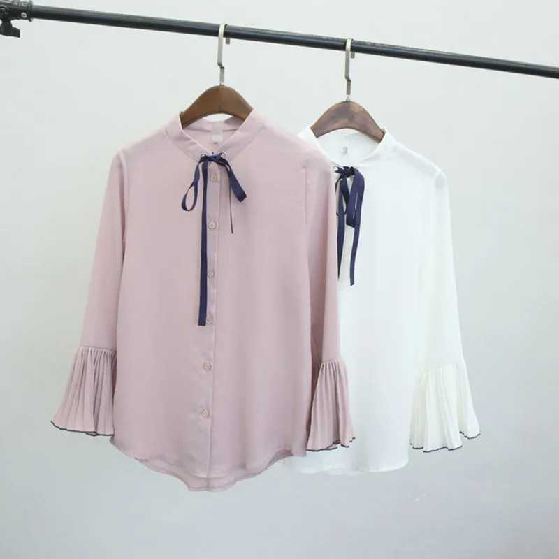 

Spring Autumn Women Female Shirt Solid Flare Sleeve Bow Blouse blusas Lady girl blusas mujer de moda