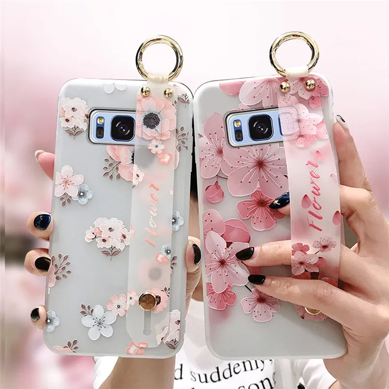 

flower tpu case for samsung galaxy A50 20 30 40 50 60 70 M20 S9 S8 S10 plus note 8 9 case cover wristband holder soft phone bag