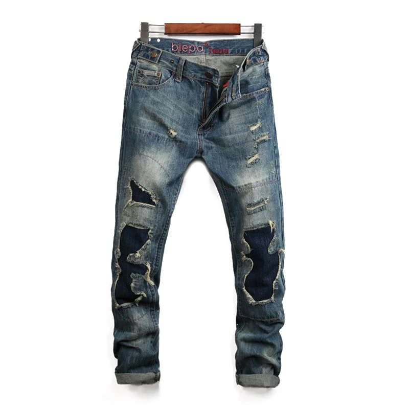 Популярные рваные джинсы Homme Ретро полномерная прямая пластырь для ног обтягивающие мужские джинсы полной длины брендовые дизайнерские Джинсовые брюки - Цвет: 08B