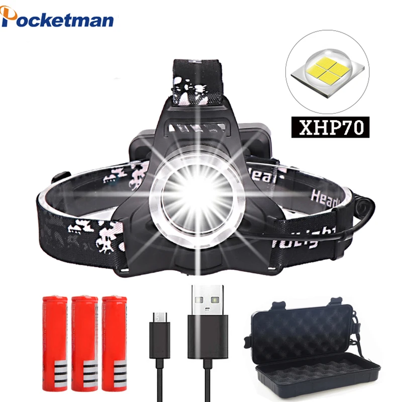 50000lm xhp70 супер яркий светодиодный перезаряжаемый usb налобный фонарь xhp70 фонарь 3*18650 аккумулятор для рыбалки кемпинга