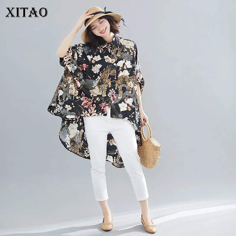 

XITAO Plus Size Elegant Slim Print Blouse Women Clothes 2019 Irregular Suncreen Chiffon Shirt Top Pull Sleeve Autumn ZLL4231