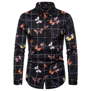 

2019 Autumn Fashion Butterfly Print Shirts Men Long Sleeve Plaid Shirts Men Turn Down Collar Casual Shirt Male Clothing