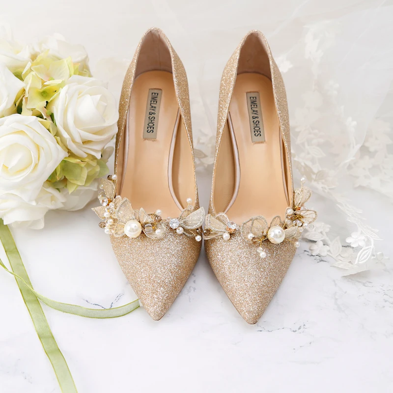 Golden Bride Pumps Sequined Wedding Shoes Dress Bridal Annual Meeting Banquet Genuine Leather Date Party 9cm High Heels Golden Bride Pumps Sequined Wedding Shoes Dress Bridal Annual Meeting Banquet Genuine Leather Date Party 9cm High Heels