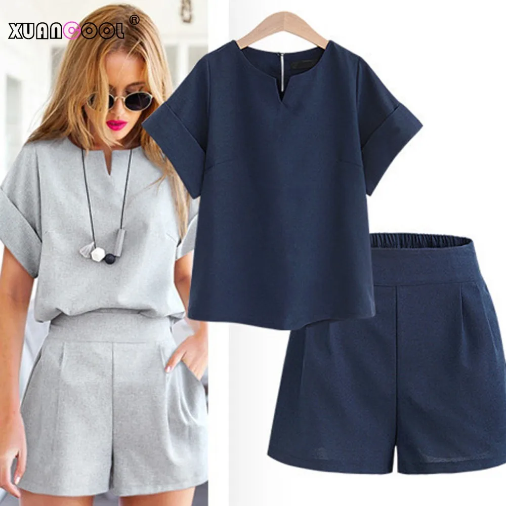 

XUANCOOL 2018 Women Summer Casual Cotton Linen V-neck Short Sleeve Tops + Shorts Two Piece Set Female Office Suit Set 5XL