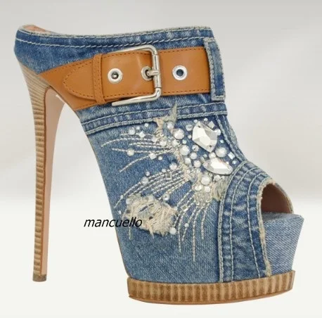 

New Arrival Light Blue Denim Platform Slippers Women Stylish Jeans Crystal Buckle Decorated Peep Toe Sandals Stiletto Heel Shoes