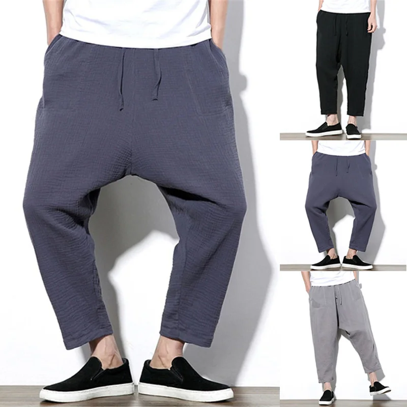 Chinese Style Summer Men Wide Legs Pants Casual Baggy Cross pants Drop ...