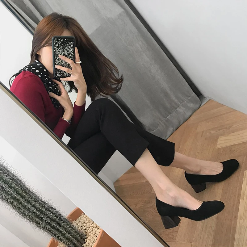 Ceny EOEODOIT damskie jesienne czółenka kwadratowe Toe Med Chunky Heel stado codzienne modne obuwie praca w biurze pompy