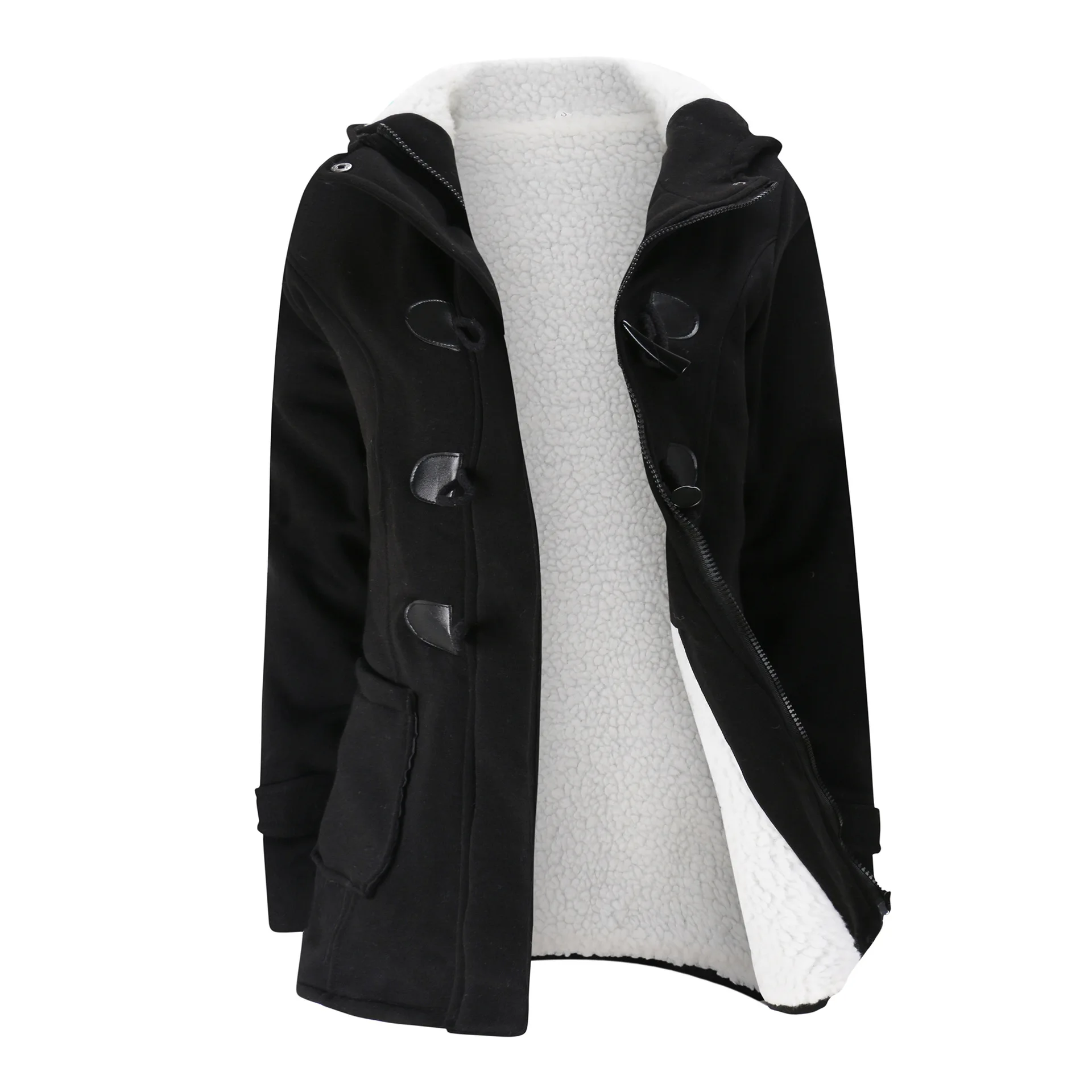 Зимняя женская куртка с капюшоном, шерстяное пальто, зимняя кожаная парка с пряжкой, верхняя одежда, женская одежда размера плюс 3XL 5XL - Цвет: Black