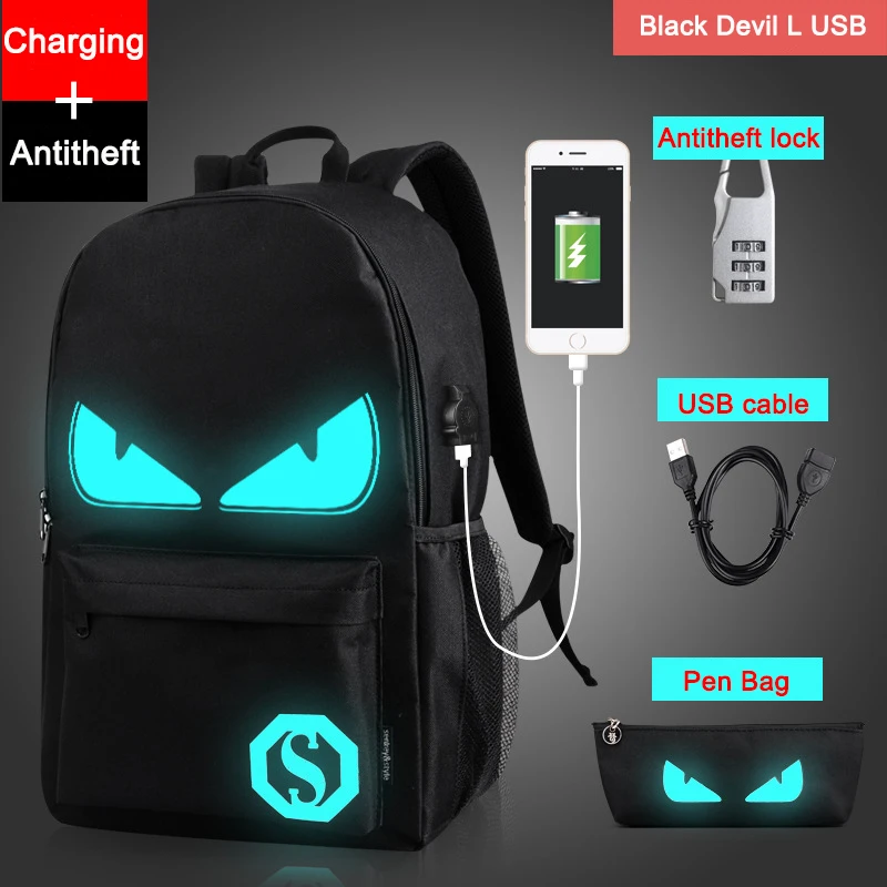 انخفاض الشحن قضية Noctilucent الكرتون مراهق مدرسة حقيبة الظهر بوي ليلة الإضاءة أكياس مع شحن USB + القلم حقيبة + الحماية ضد السرقة قفل