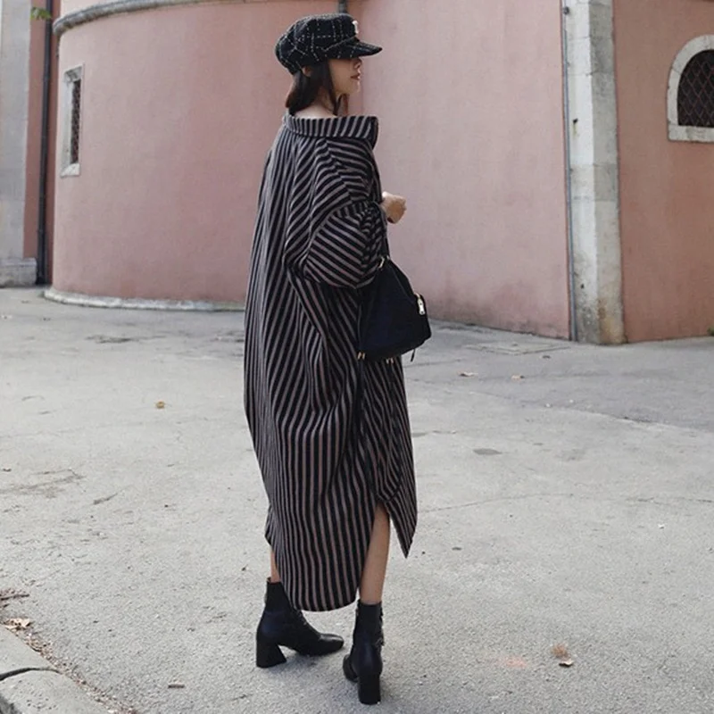 

LANMREM 2019 New Summer AUTUMN Women Clothes Turn-down Collar Full Sleeves Striped Single Breasted Loose Shirt Dress WG85601L