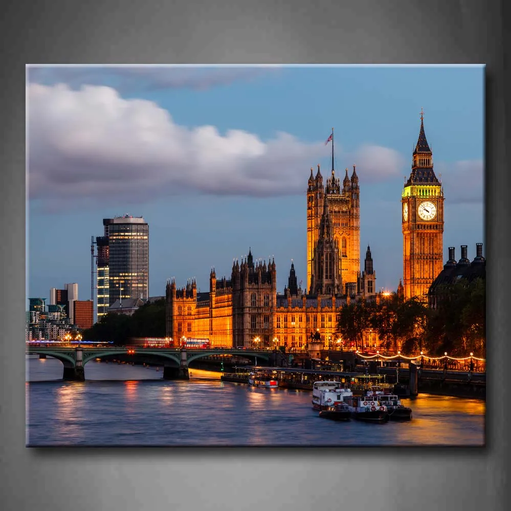 

Framed Wall Art Pictures Big Ben Bridge Boat Light Canvas Print Architecture Posters With Wooden Frames For Living Room