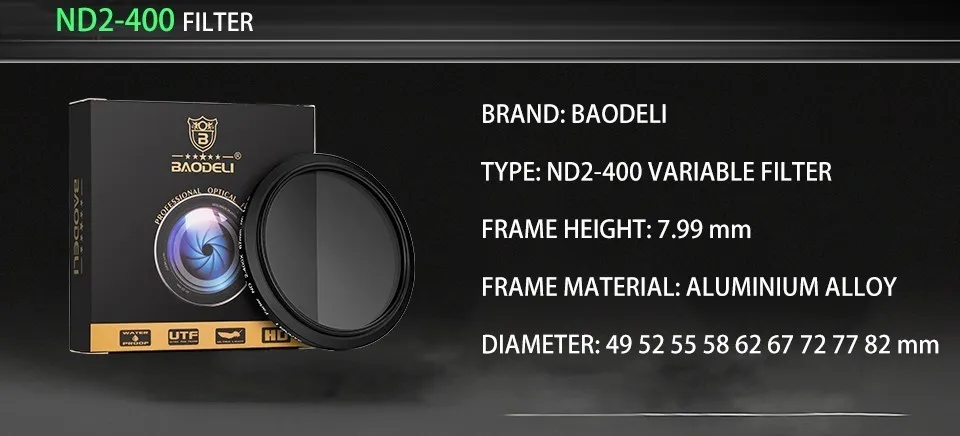 BAODELI нейтральной Nd фильтр 49 52 55 58 62 67 72 77мм 82 мм переменный для камеры Canon 500d m50 6d eos 600d 650d 1100d 600d 18-135 1100d 77d Dslr Nikon d3500 5100 3100 5200 Sony as300 x3000 x3000r a290 аксессуары