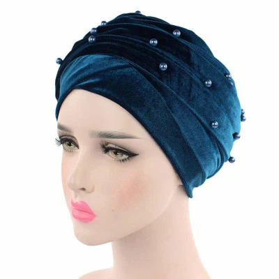 Новая модная женская бархатная длинная головная повязка в виде чалмы, сетка, бархат, двойной слой, золотой бисер, мусульманский хиджаб, шарф, тюрбант, галстук, головной убор - Цвет: blue