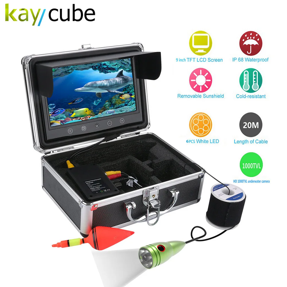 Kaycube 9 "дюймов Цвет Мониторы 20 м 1000tvl подводный Рыбалка видео Камера комплект 6 светодиодных watherproof Алюминий сплава рыба