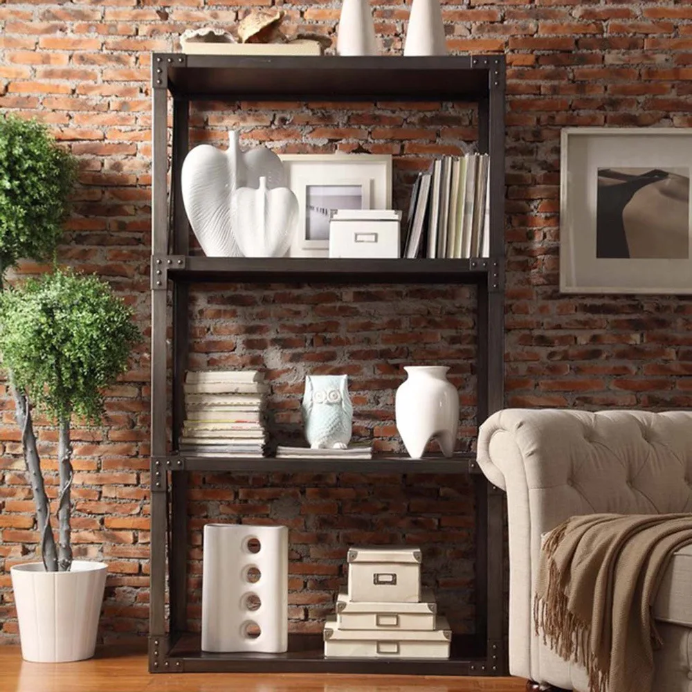 Solid wood bookcase American country retro wrought iron floor standing