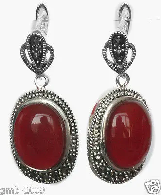 

beautiful 925 11/2" Silver Natural Red Agate Marcasite Earrings