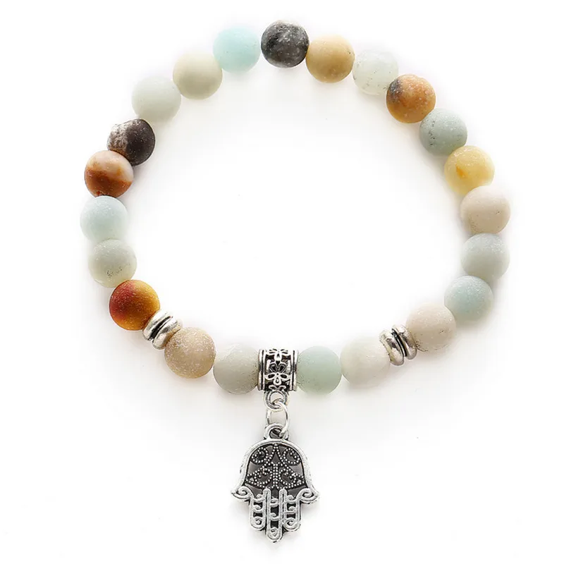 Очаровательные матовые амазонитовые браслеты для женщин Йога мала для чакр браслет Ом Лотос браслет из бисера мужские ювелирные изделия ручной работы - Окраска металла: palm