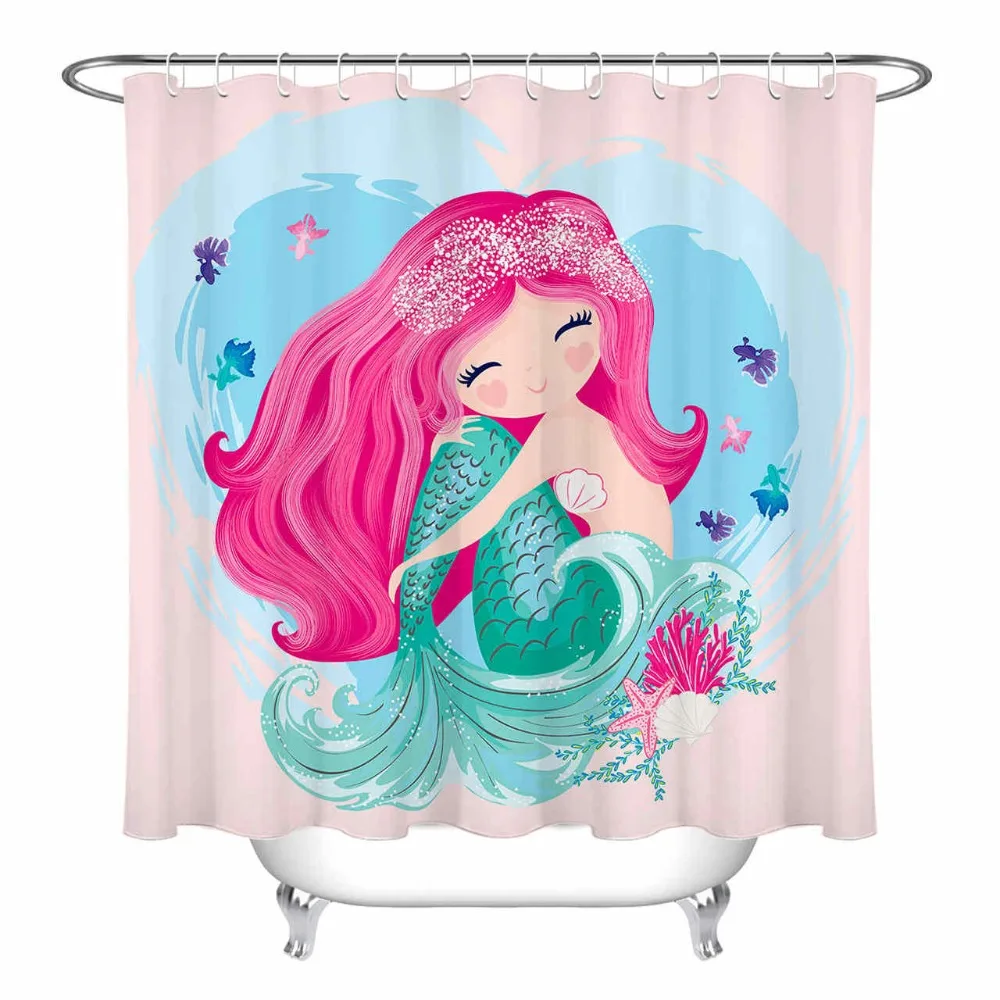 Kid Little Cute Mermaid Shower Curtain with Fishes