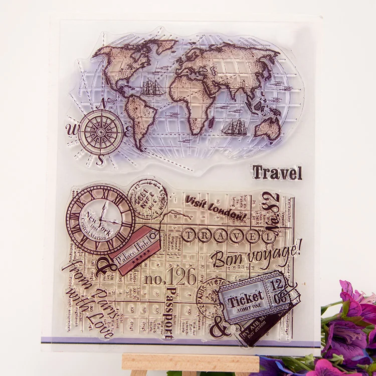 

Global Map Compass Travel World Transparent Clear Silicone Stamp Seal DIY Scrapbooking Photo Album Decorative Clear Stamp Sheets