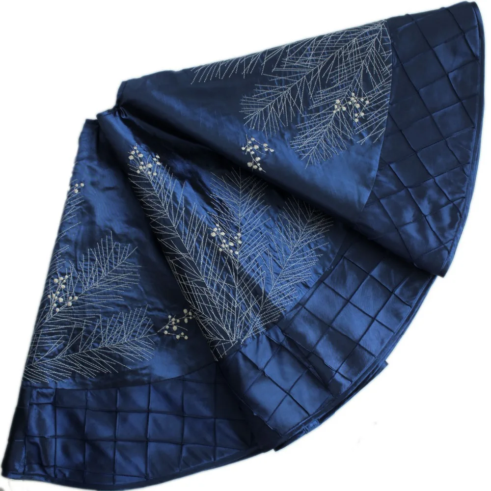 

Extra Large 50" Faux Silk White Berry Embroidered Deluxe Christmas Tree Skirt Pintuck Border BLUE P2739-9