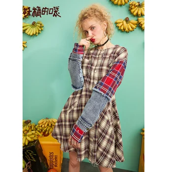 

ELFSACK 2019 New Fashion Woman Dress Casual Plaid Full O-Neck Women Dresses Denim Patchwork Ladies Dresses Female Vestidos