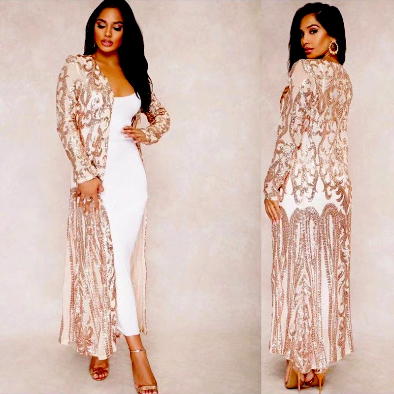 Top Quality Gold Long Sleeve Sequined Coat Cocktail Party Fashion