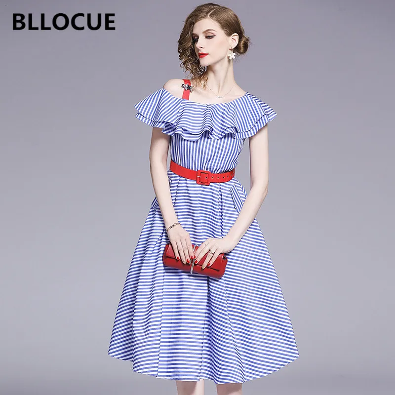 BLLOCUE Ruffled Off Shoulder Blue and White Striped dress 2019 Summer Women High Waist Midi Dress With Belt | Женская одежда
