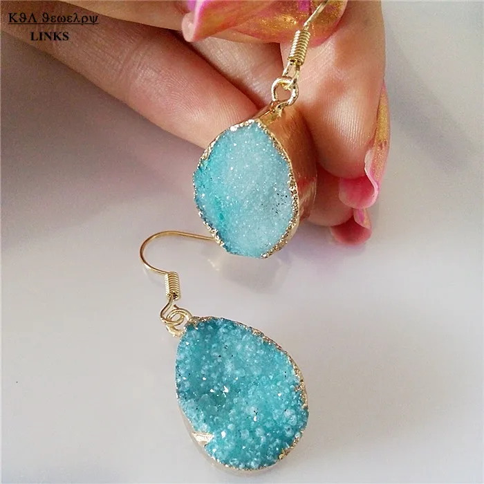 

Nature Druzy Stone Earrings Crystal Quartz Nature Gem Stone Nature Drusy Hook Earrings In Blue Color Jewelry Findings