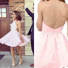 2017 A Line Satin Prom font b Dresses b font Scoop Spaghetti Straps Backless Pink Mini