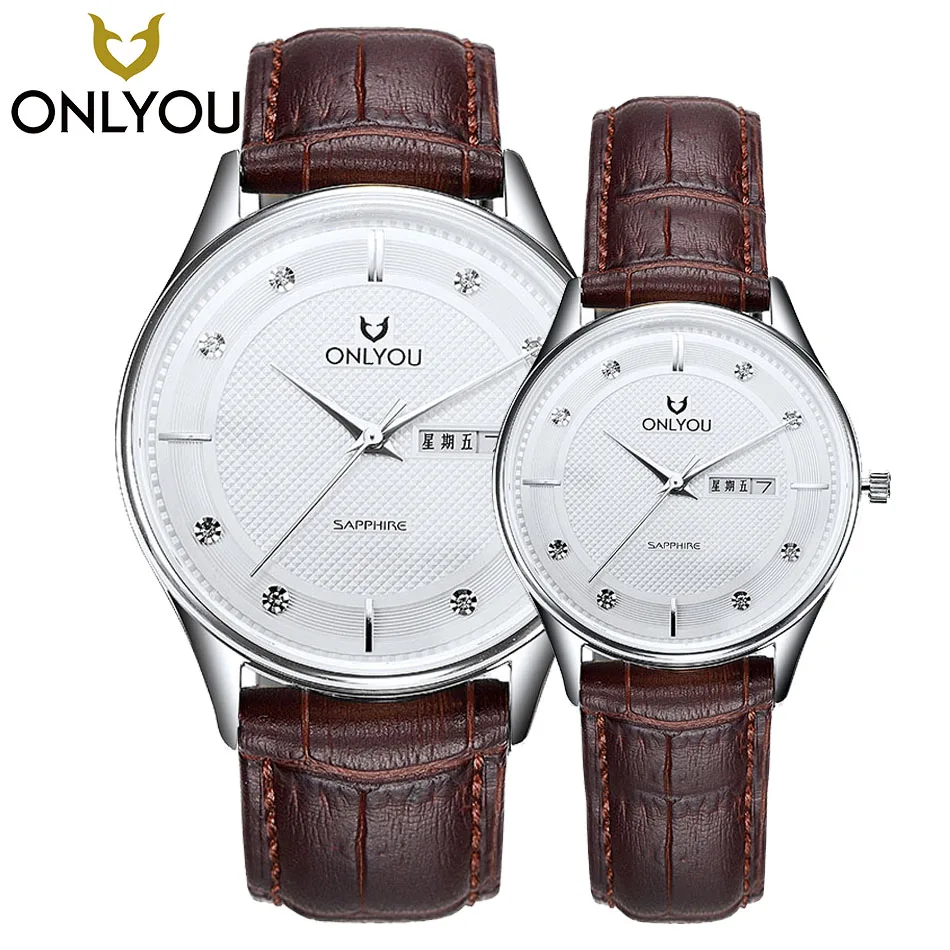 

ONLYOU Couple Watches For Lovers gift Luxury Brand Quartz Wrist Watches Diamond Calendar Waterproof Men Women leather Band Watch