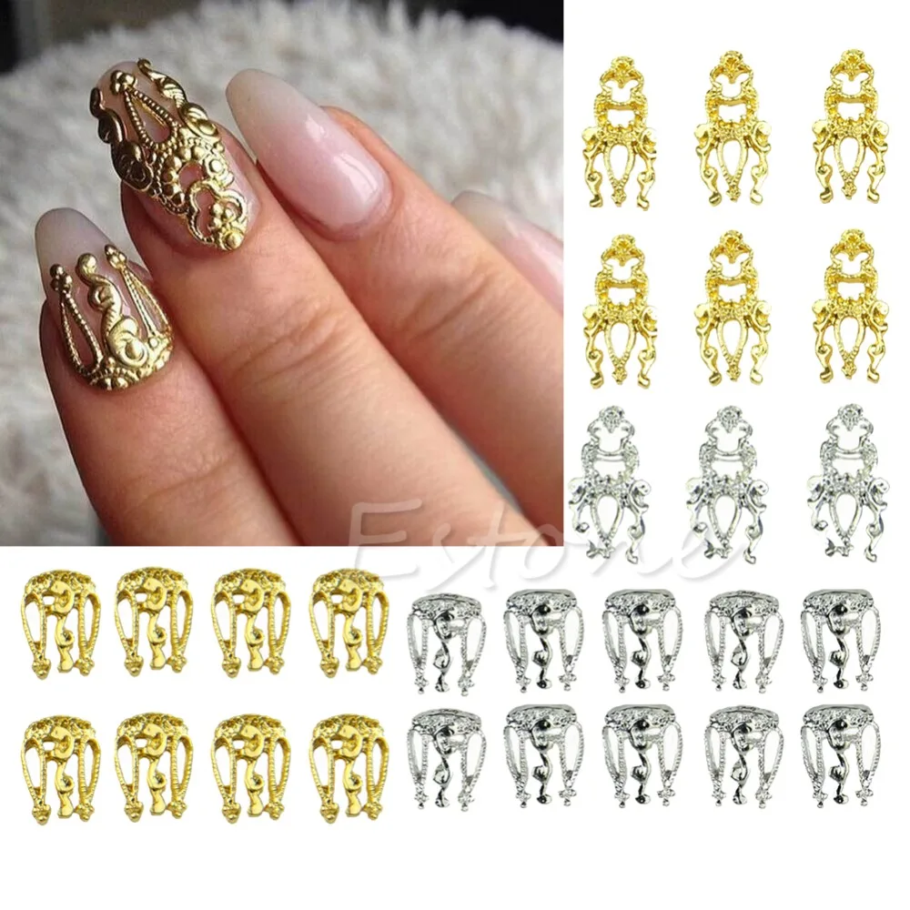 

Hot Sale 10pcs 3D Hollow Nail Silver Art Alloy Gold Decoration Jewelry Glitter Rhinestone New 2017