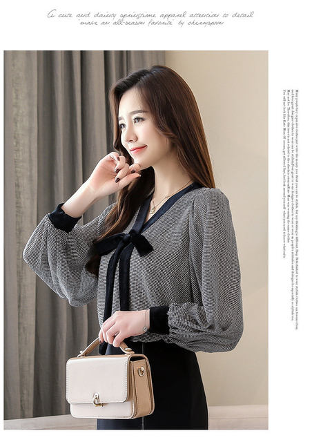 Black Plaid Shirts Women Autumn Bow V-Neck Blouses Womens Tops Elegant Long Sleeve Chiffon Blouse Autumn Tops Blusas Mujer 2019 (4)