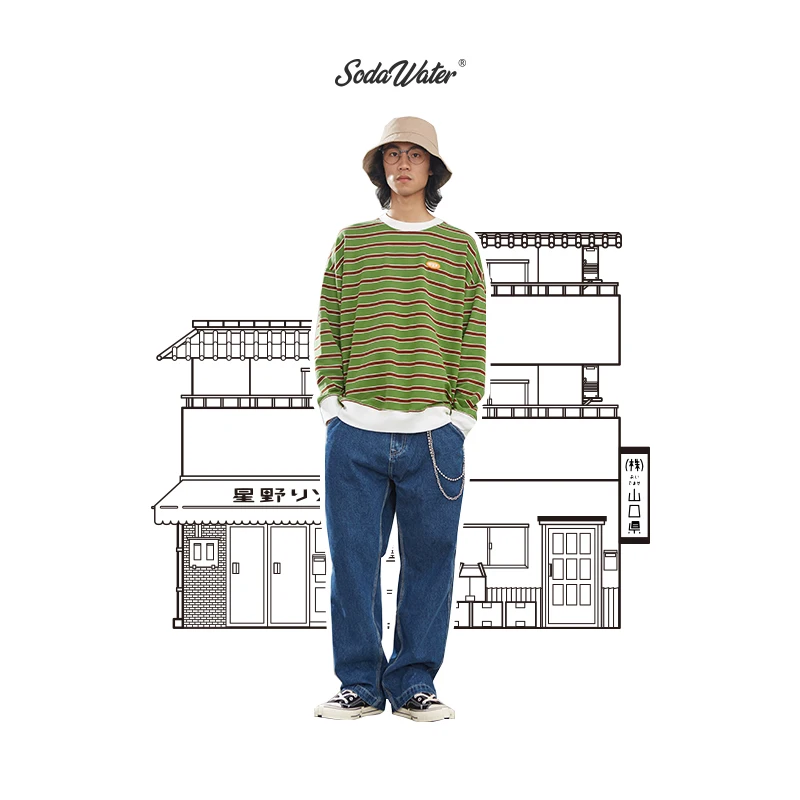 

SODAWATER Men O Neck T-Shirts Harajuku Hip Hop Loose Striped Long Sleeve Tshirts Men Autumn Winter Cotton Couple Tops Tees 9617W