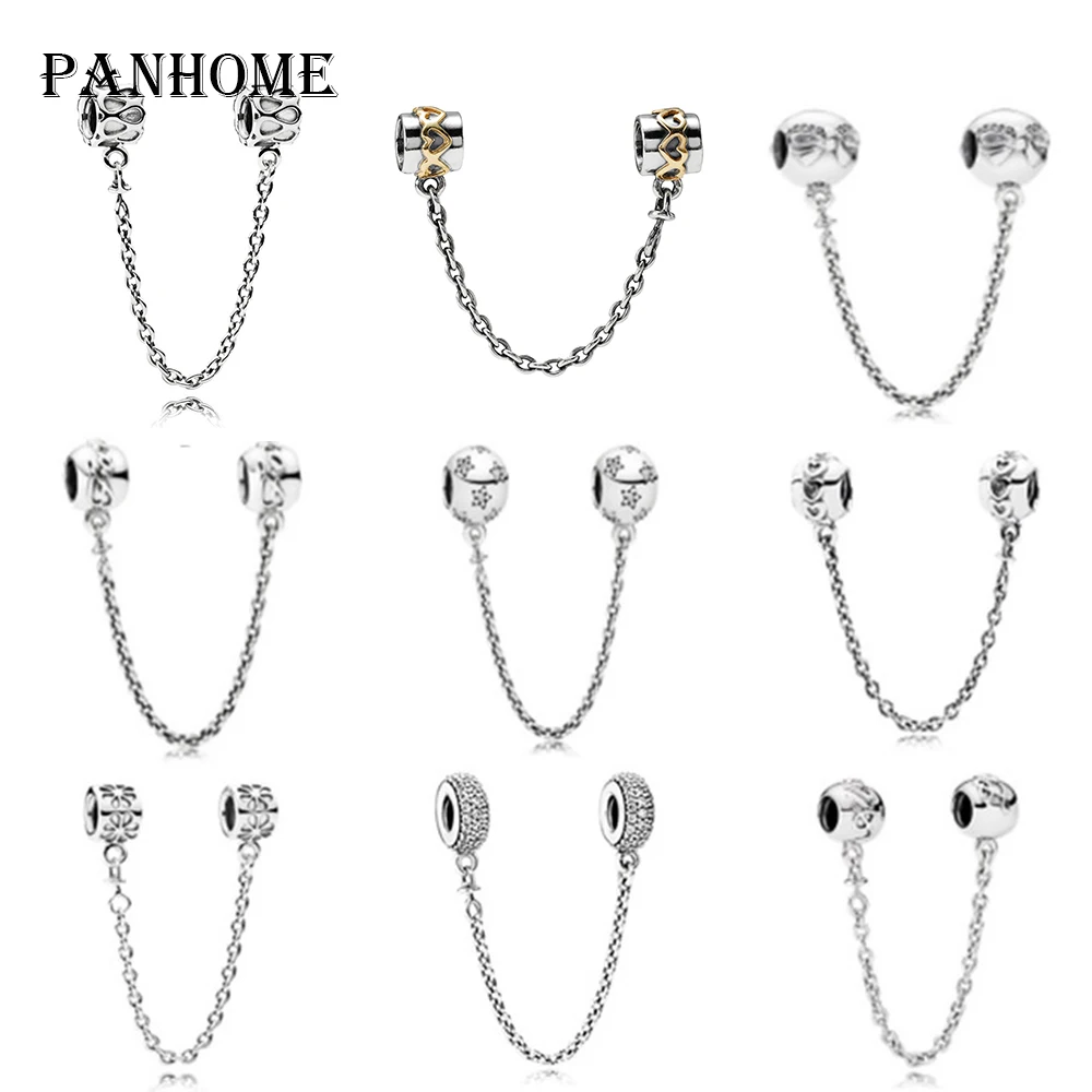 

PANHOME Genuine 100% 925 Sterling Silver Stars Bow Clear CZ Security Chain of Pearls Charm Fit Original Bracelet Jewelry Bangles