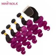 Miss Rola Hair Pre-colored Ombre Mongolian Body Wave Hair #1B/Purple Human Hair 4 Bundles with Closure Hair Extensions Non Remy