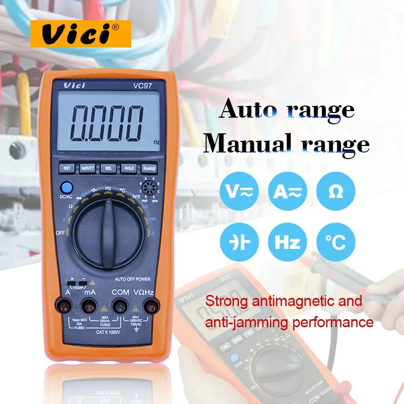 

VICI VC97 Auto Range Digital Multimeter Voltmeter Ammeter Voltage Current Resistance Capacitance Tester With Symbol Display
