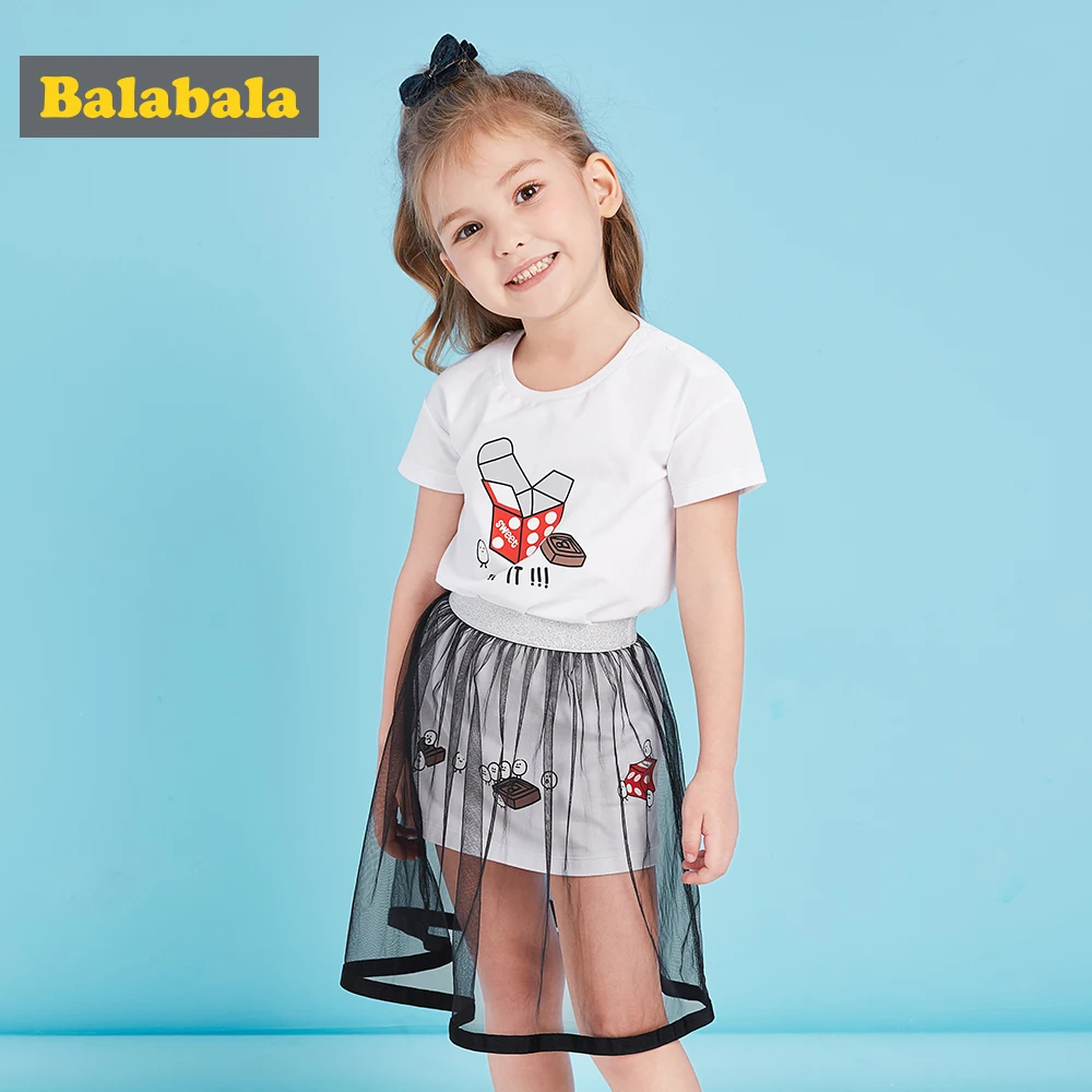 Balabala Girls Clothes Sets 2018 New Summer cotton Fashion Cartoon Printed T-Shirts+lace Dress 2Pcs Chidlren Clothing | Детская одежда