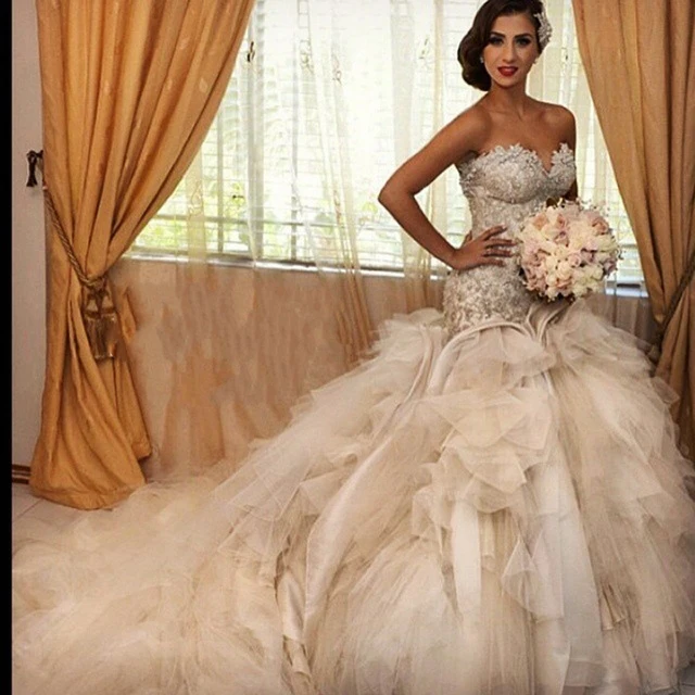 Y Mermaid Lace Beaded Wedding Dress Luxury Cathedral Train Y Mermaid Lace Beaded Wedding Dress Luxury Cathedral Train Up Gown Bridal