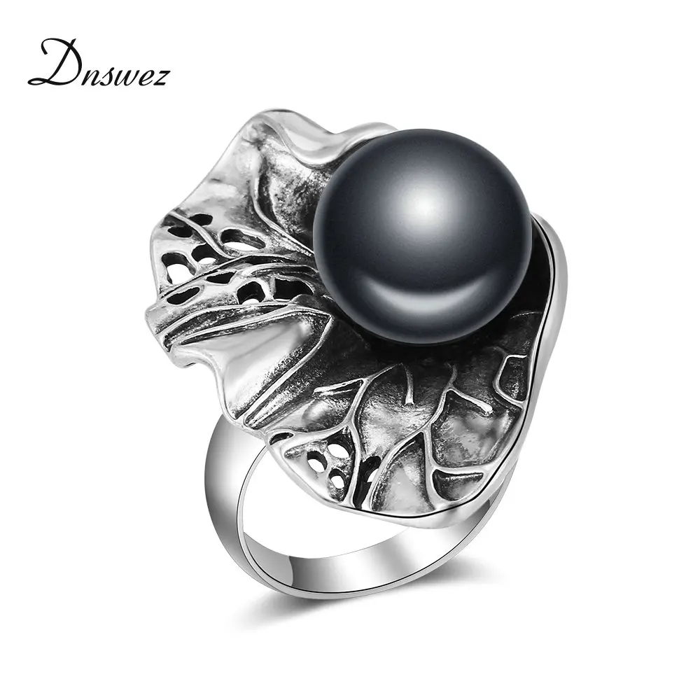 

Dnswez Black Pearl Ring Antique Old Thai Silver Punk Vintage Rings Jewelry Fashion Retro Cocktail Party Ring for Women R2032