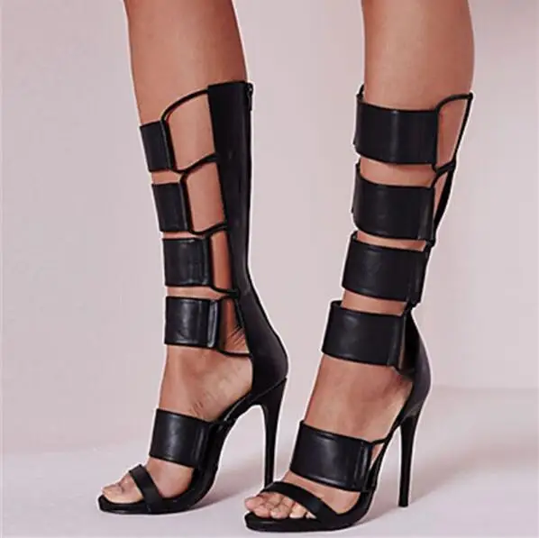 

High Quality Black Leather Cut-outs Rome Women Knee High Boot Peep Toe Hollow Thin Heels Gladiator Sandals Shoes Women Plus Size