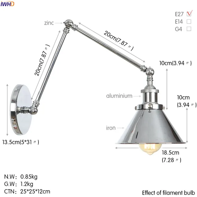 IWHD White Long Arm Vintage Wall Lamp Beside Bedroom Living Room Edison Loft Industrial Style Retro Wall Lights Fixtures LED Silver