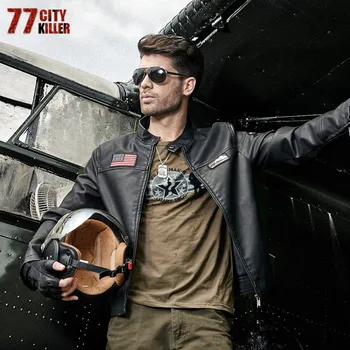 

77City Killer Bomber Pu Leather Jacket Men 2020 Windbreaker Men Stand Collar Military Pilot Leather Jackets Coat Plus Size 4XL