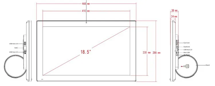 18,5 дюймов сети Сенсорный экран киоск (RK3188, 1 ГБ DDR3, 8 ГБ nand, USB, мини USB, Wi-Fi, RJ45, VESA, настенный кронштейн)