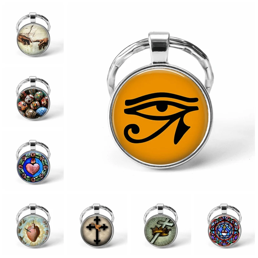 

Egypt Horus Eye Keychain Glass Cabochon Vintage Pattern Eye of Horus Key Ring Glass Dome Egyptian Key Chains Jewelry Key Holder