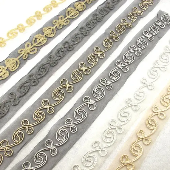 

1 3/4 Inches Embroidered Rosette Trim|Vintage Pattern Tulle Lace Trim|Glittery Shiny Gold Silver Trim|Costume Sewing Supplies