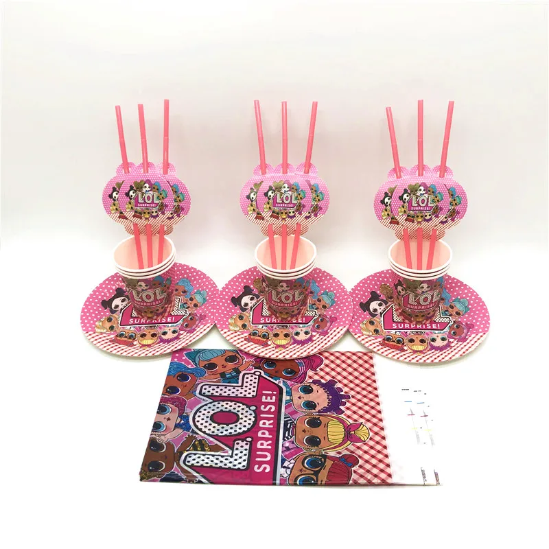 

Surprise Dolls Theme 31pcs/61pcs Festival Cartoon Tableware Kid Birthday Party Wedding Paper Cups Plates Straw Tablecloth Supply