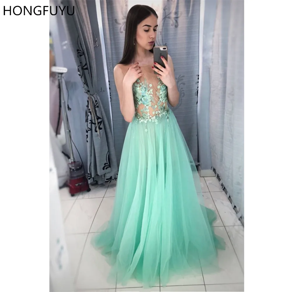 

HONGFUYU Scoop Neck Tulle Prom Evening Gowns Lace Appliques Long Party Dresses A-line Illusion Vestidos Formal Dress for Women